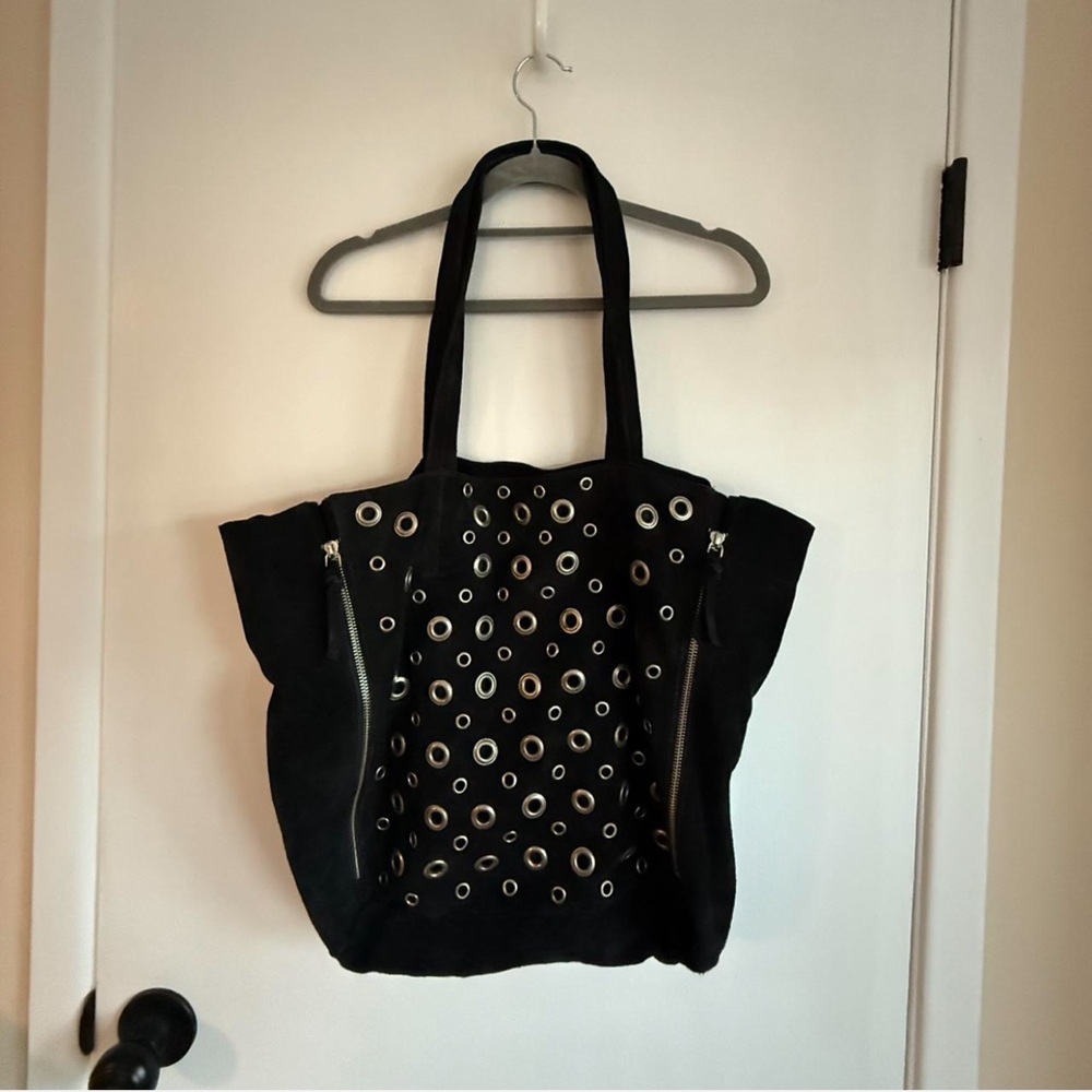 Stylish Black Suede Tote Bag with Eyelet Design